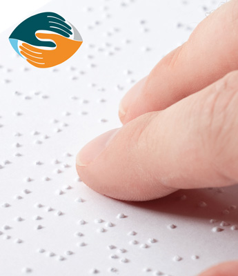 Lesende Hand auf Punktschrift Lesende Hand auf Punktschrift. Oben links das Logo: Zwei ineinander greifende Hände in Form eines Auges